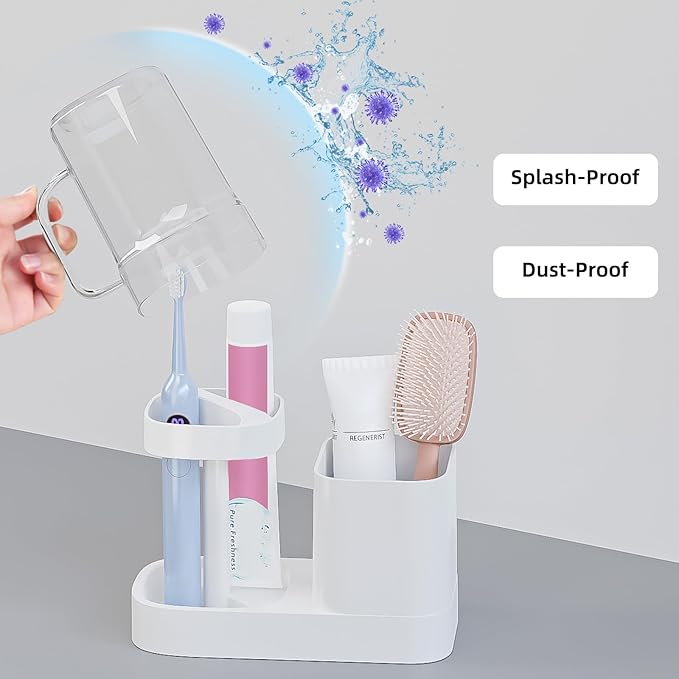 Toothbrush Holder with Cup/Cover Contains 2 Slots, Bathroom Counter Organizer for Electric Toothbrush, Toothpaste, Razors & Small Comb, Tooth Paste Holder for Home Hotel Countertop, White