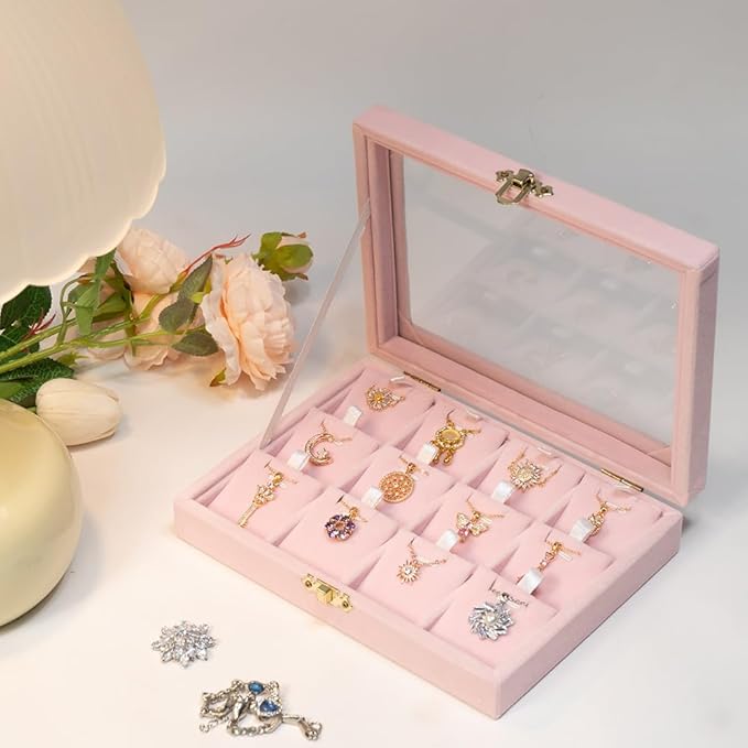 Jewelry Box Necklace Organizer Tray, Pink Velvet Necklace Display Case for Storage Small Display Tray 12 Grid Pendant Holder for Women