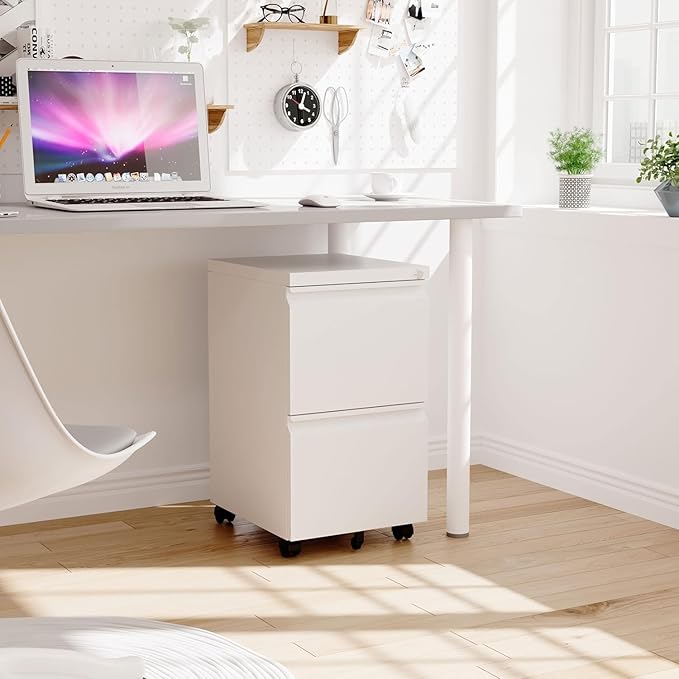 2 Drawer Mobile File Cabinet with Lock,Under Desk Filing Cabinet for Home Office, Metal Filing Cabinets on Wheels for Legal/Letter/A4 File, Assembled Required, White