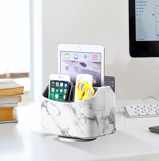 YAPISHI White Marble Leather Remote Control Holder,360 Degree Spinning Desk TV Remote Caddy/Box,Beside Table Organizer for Controller,Media,Makeup, Mobile Phone and Pen/Pencil Stationery Storage