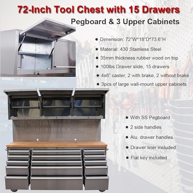 2 Pack - 72" Stainless Steel Rolling Tool Chest with 15 Drawers + 3 Upper Cabinets, Lockable Storage Cabinet, Large Mobile Workbench, Tool Box with Wheels for Garage (1 × HTC7218W1 + 1 × HTC7215W1)
