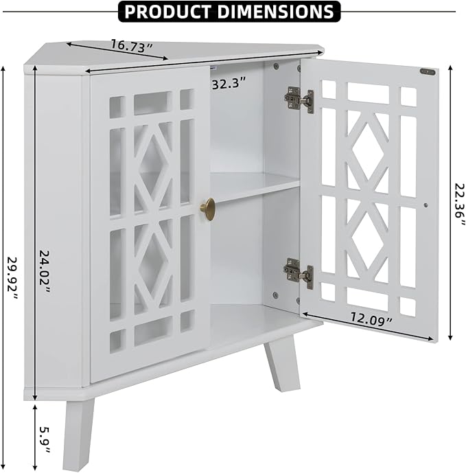 Scurrty 32'' Corner Shelf Stand, Small Corner Table Sideboard Cabinet with 2 Doors and 2-Tier Shelves, Free-Standing Storage Organizer for Living Room, Dining Room & Bathroom (White)