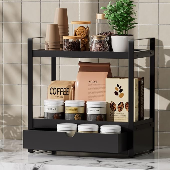 2-Tier Bathroom Organizer Countertop with Drawer, Wood Bathroom Counter Shelf for Storage, Vanity Organizer Countertop for Kitchen, Office