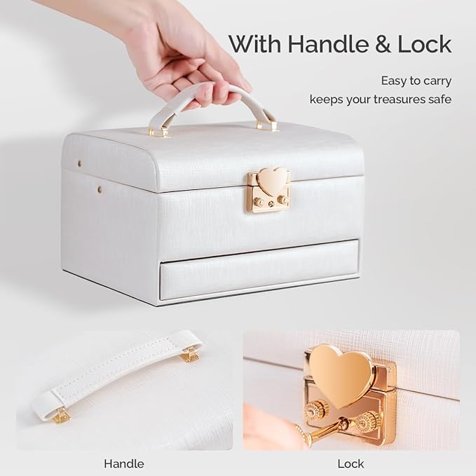 CASEGRACE Jewelry Box,3 Layers Leather Jewelry Storage Box with Lock, Mirror,Jewelry Storage Case for Necklaces Earrings Bracelets and Rings