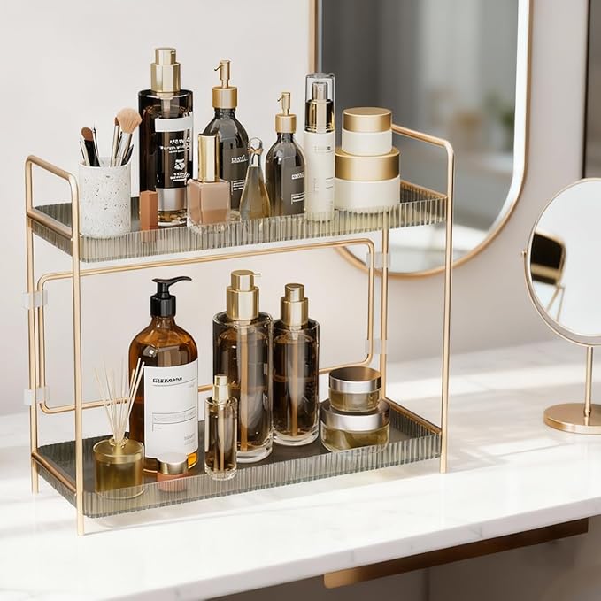 LEEDA 2 Tier Bathroom Counter Shelves, Countertop Shelf Organizer for Bathroom & Vanity, Large Capacity Skincare Organizers,Countertop Organizer for Makeup, Lotion, Kitchen Corner & Dresser Storage