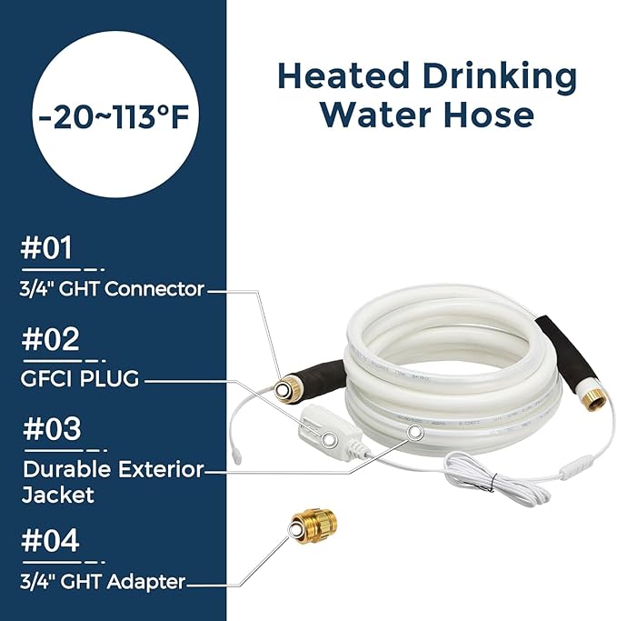 Giraffe Tools 15FT Heated Water Hose for Camper with GFCI, 5/8-Inches Lead and BPA Free Heated Garden Hose Withstand Down to -20℉