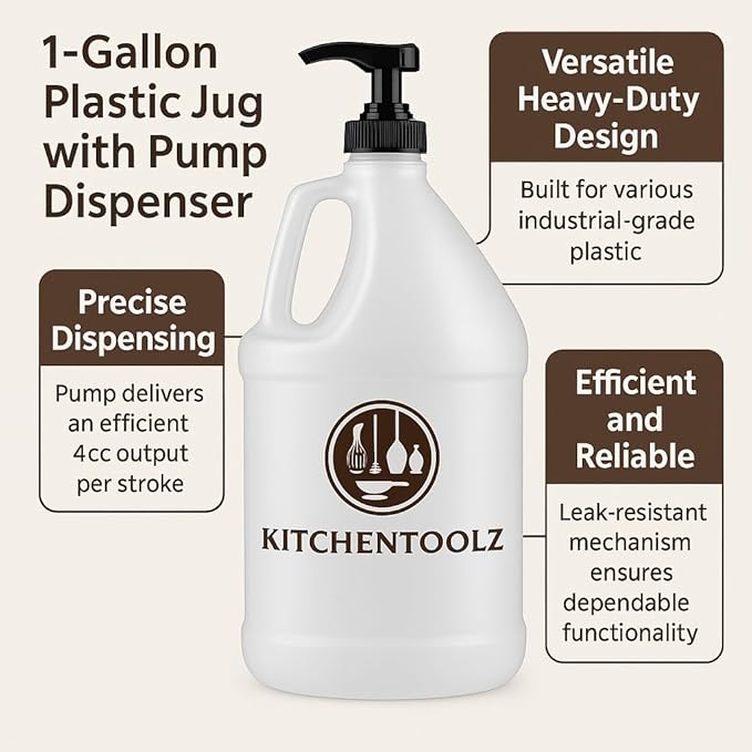 Kitchentoolz 1-Gallon Plastic Jug with Pump Dispenser - Ideal for Epoxy Resin, Laundry Detergent, Liquid Soap, Snow Cone Syrup, Batter