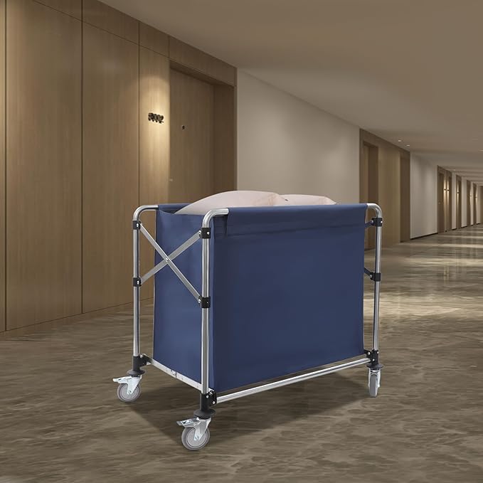 Commercial Laundry Cart with Wheels,Folding Laundry Hamper Cart,Heavy Duty Rolling Laundry Basket with Large Capacity,Laundry Sorter Trolley for Home Hotel Apartment (Blue, 35.43 * 23.62 * 34.65in)