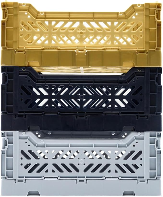 Collapsible Storage Box, Foldable Crate Organizer Bin with Handle, Stackable Crates for Home Organization (Blue-Gold-Navy, 4L - 3-Pack)