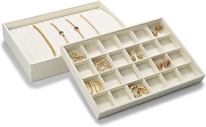 24 Grids Microfiber Jewelry Trays Ring Earrings Organizer Tray Stackable Jewelry Drawer Organizer(Beige)