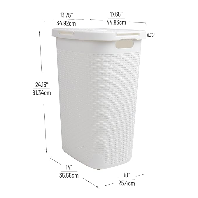 Mind Reader Slim Laundry Hamper with Lid, 60L Clothes Basket, Premium Wicker Design, Plastic, White