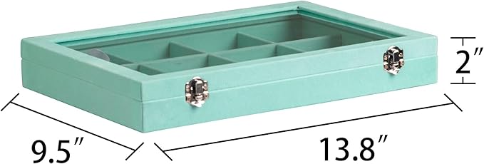 Frebeauty Velvet Jewelry Tray,12 Grid Jewelry Organizer with Clear Lid,Bracelets Holder,Jewelry Display Case with Clasp,Drawer Insert Bangle Brooch,13.8 x 9.5 x 2 Inches,Gift for Women Girl(Turquoise)