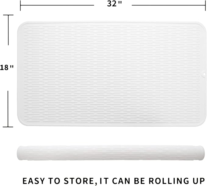 Silicone Dish Drying Mat for Multiple Usage,Easy clean,Eco-friendly,Heat-resistant Silicone Mat for Kitchen Counter or Sink,Refrigerator or Drawer Liner White 4XL 32 inches x 18 inches