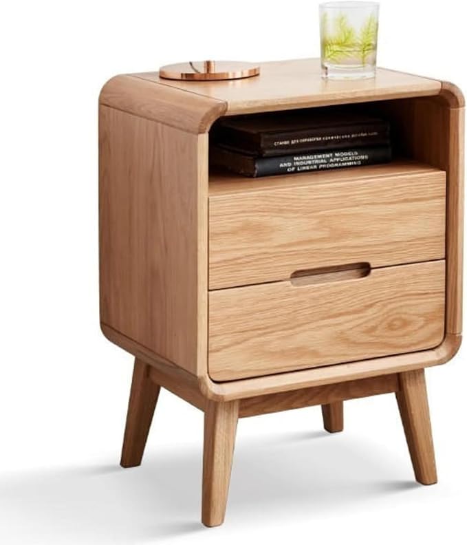 Rainbow Home Bergan Nightstand with 2 Drawers & Open Shelf, 100% Solid Oak Wood, Mid Century Modern Bedside Table for Small Spaces, Practical Storage for Bedroom