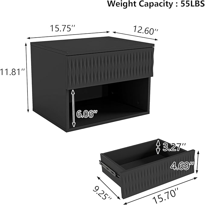 Floating Nightstand Set of 2,Modern Bedside Tables for Bedroom,Small Night Stands with Drawer and Open Shelf, Wall Mounted End SideTables Set for Living Room