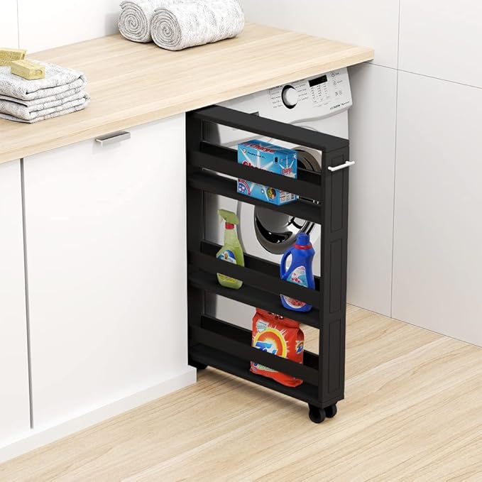 MUSEHOMEINC Compact Space Kitchen Pantry,3-Tier Kitchen Removable Storage Cart, Slim Slide Out Rolling Pantry Shelf for Narrow Spaces（Black）