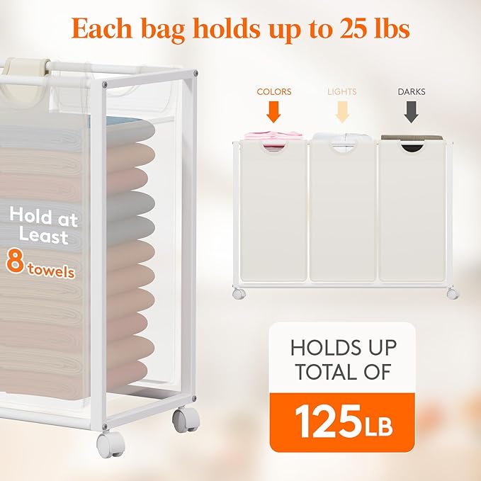 Lifewit Laundry Hamper 3 Section, Large Rolling Laundry Sorter with Shelf & 2 Drawers, Pull-Out Laundry Basket Organizer with Wheels and Removable Bag, White and Beige