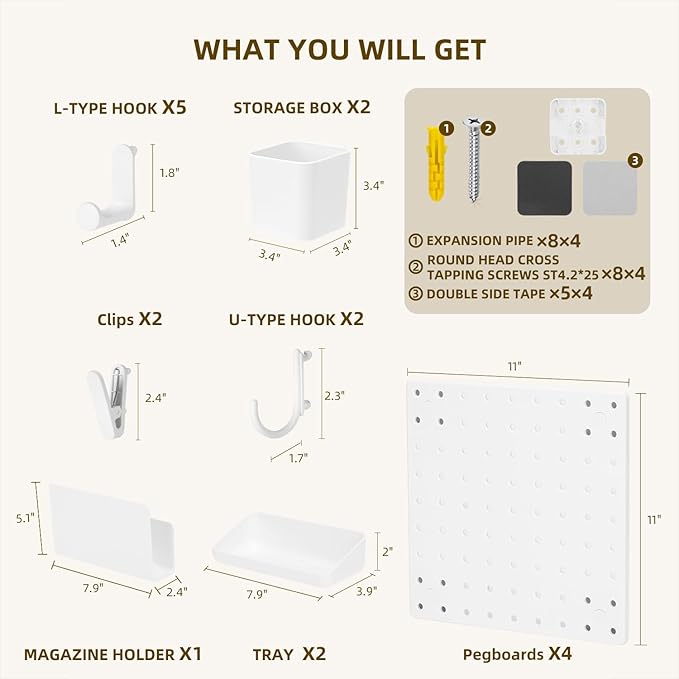VUSIGN Peg Board Combination Kit, 22"x22" Pegboards and Accessories for Wall Organization with Two Installation Modes, Pegboard Wall Organizer for Office, Home, Desk,White Peg Board