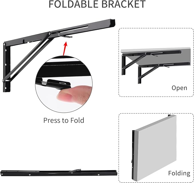 YUMORE Folding Shelf Brackets, 24 Inch Heavy Duty L Bracket, Black DIY Collapsible Shelf Bracket for Workbench Folding Table Hinge, Max Load: 330lb, Pack of 2