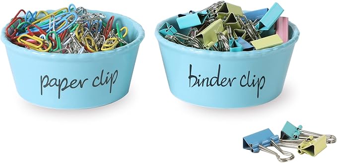 ONTUBE Ceramic Paper Clip Holder and Binder Clip Holder Set (Turquoise)