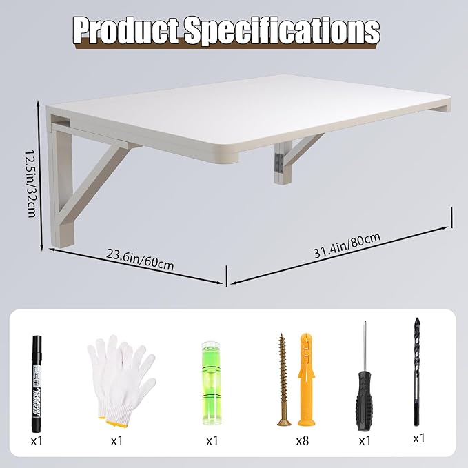 MM MELISEN Wall Mounted Folding Table, 80x60cm, White, Space-Saving Design