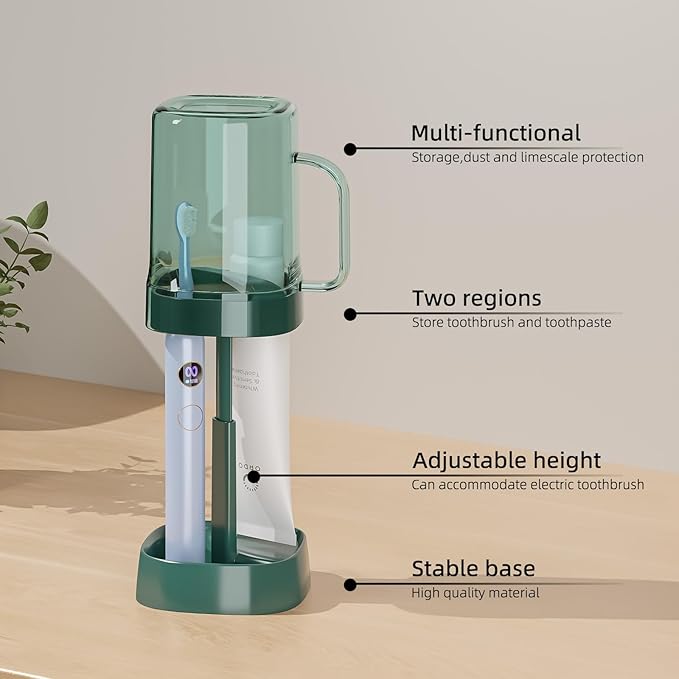 Toothbrush Holder with Cover/Cup, Bathroom Counter Organizer for Regular and Electric Toothbrushes and Toothpaste, Sleek Modern Bathroom Accessories, Green