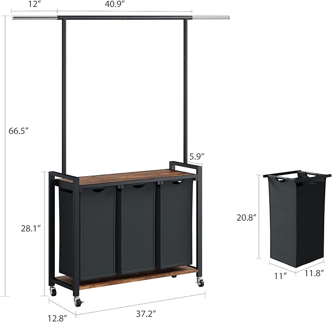 GarveeHome Rolling Laundry Cart with Hanging Rack & Utility Shelf | 3-Section Laundry Sorter Hamper with Lockable Wheels | Laundry Basket Organizer for Laundry Room, Bedroom, Bathroom | Black