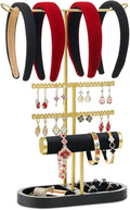 3 Tiers Jewelry Organizer, Earring Holder Organizer with 80 Holes, T-Bar Beige Velvet Bracelet Holder for HeadBands, Earrings, Bracelets, Rings Jewelry Holder Organizer (Black Gold)