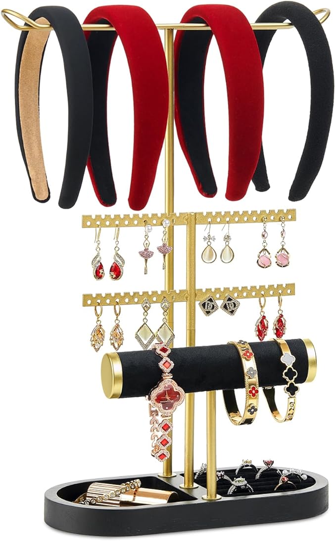 3 Tiers Jewelry Organizer, Earring Holder Organizer with 80 Holes, T-Bar Beige Velvet Bracelet Holder for HeadBands, Earrings, Bracelets, Rings Jewelry Holder Organizer (Black Gold)