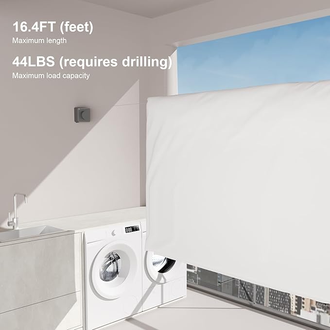 Suntree Retractable Clothesline in Grey - 16.4ft Sag-Proof Stainless Steel Cable, 5 Clips, 2 Installation Kits (No Drill/Drill), 44lb Heavy Duty Wall Mount Indoor Outdoor Laundry Drying Line
