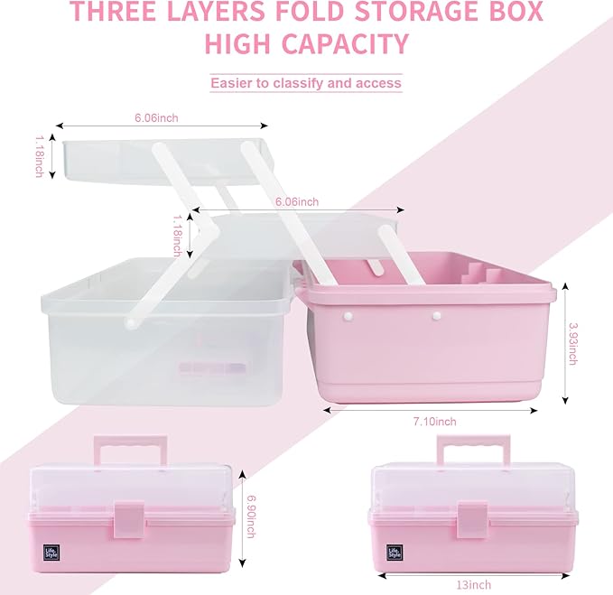 Creahaus 13 inch Art Craft Organizer Storage Box with 3 Layer, Multipurpose Plastic Tool Box with Handle for Sewing, Art Supply, Medicine, Nail, Hair Accessories (Pink)