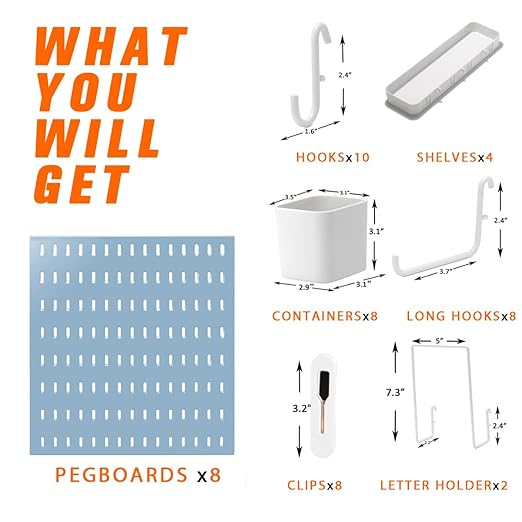 Peg Board Combination Kit, 8 Pegboards with 40 Accessories, Pegboard Wall Organizer for Office, Nursery & Home Storage, Key Holder, 51.2"x25.6" – Nail-Free Installation（Blue）