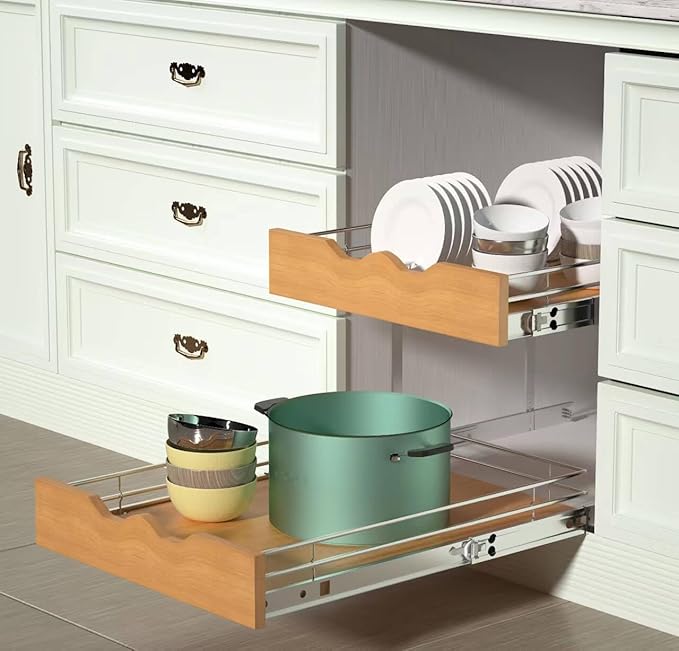 DINDON 2 Tier Pull Out Cabinet Organizer (20" W x 21" D) Slide Out Wood Shelf Double Tier Kitchen Wire Basket with Chrome Finish…