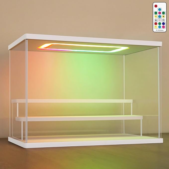 NONEMEY Clear Acrylic Display Case with Light ,3 Tier Multiple Color Lights via Remote Control Dustproof Display Box for Collectibles Figures Mini Toys (White 3Tier 12.4*7*9inch)