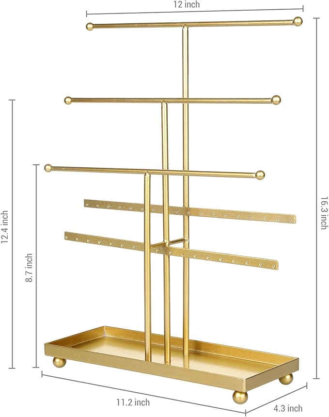 MyGift 5-Tier Gold Metal Jewelry Organizer Stand with Earring Hooks & Ring Tray - T-Bar for Tangle-Free Necklace Bracelet Display - Home Store Boutique (16.25" H)