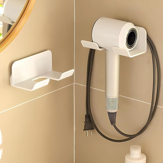2 Pack Universal Hair Dryer Holder, Self Adhesive Wall Mount Stand for Most Brand/Size Hair Blow Dryer Hair Dryer Organizer Rack with Plug&Wire Hook for Bathroom