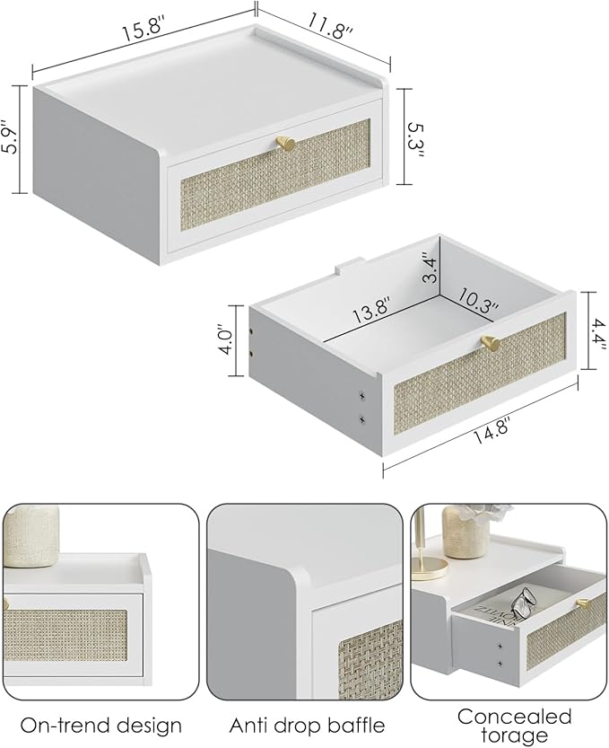 Floating Nightstand,Wall Mounted Night Stand with Drawer,Small Floating Shelves,Floating Wood Bedside Table for Bedroom、Living Room、Bathroom(No Assembly)