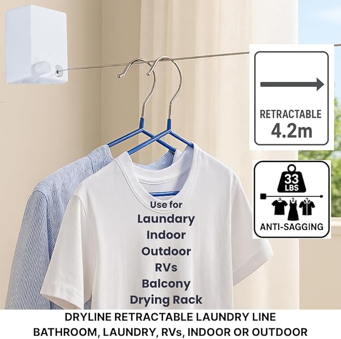 Dryline Retractable Clothesline, White, Indoor Outdoor Wall Mounted Drying Rack, 15kg Weight Capacity, 4.2m Length, for Laundry Room, RV, Bathroom