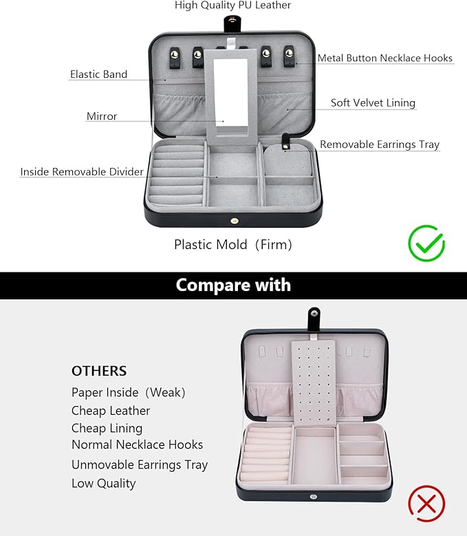 Travel Jewelry Organizer with Mirror Portable Case Small Jewellery Box Gift for Women for Earrings Rings Necklaces, Black A-1