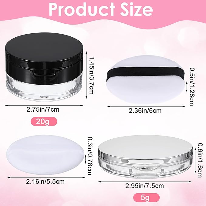 2 Pcs Loose Powder Containers, 0.7/0.17 Ounce Foundation Container Portable Empty Travel Makeup Containers Reusable Powder Puff Case with Puff Mirror Net Sifter for Women Travel Daily Carrying