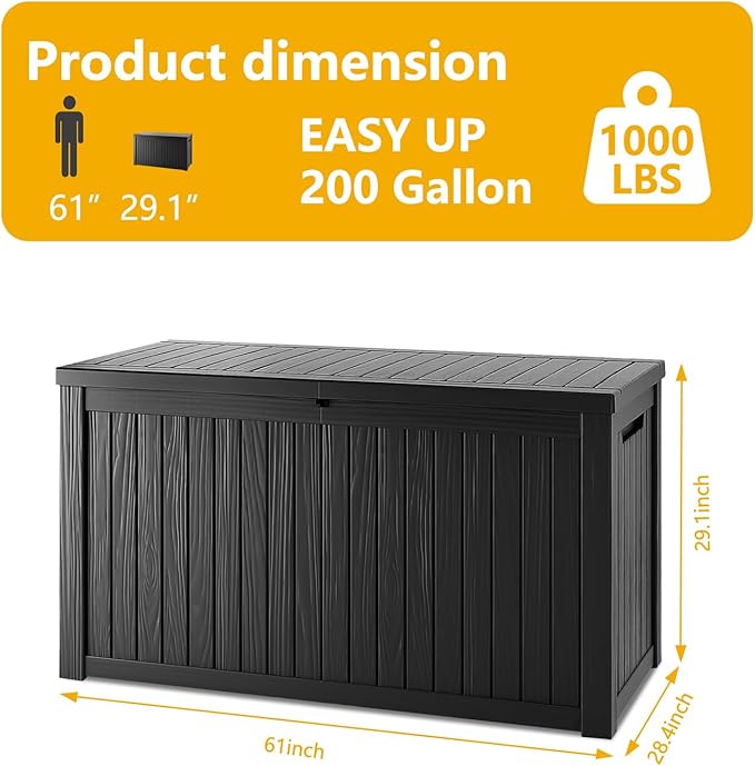 200 Gallon Deck Box, Resin Outdoor Indoor Waterproof Storage Box, Lockable Storage Box With Handle for Patio Furniture - Garden Tools - Swimming Pool Tools UV Resistant, Black - 200