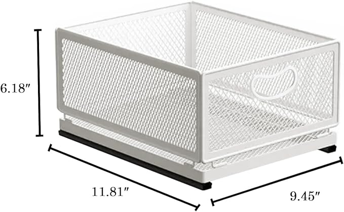 Sliding Cabinet Basket Organizer Drawer Self Adhesive Slide out Pantry Shelves Heavy Duty Carbon Steel Slide Cabinet Storage Basket with Handle for Bathroom Kitchen Home