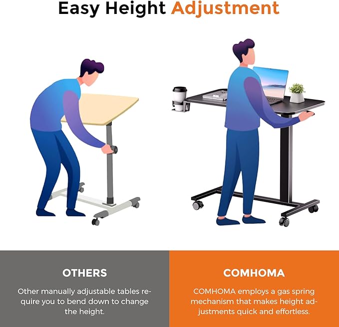 COMHOMA Adjustable Overbed Bedside Table with Lockable Wheels, Pneumatic Mobile Standing Laptop Desk, Small Standing Desk Portable Rolling Overbed Table Hospital Home Use(32" W x 18" D, Black)
