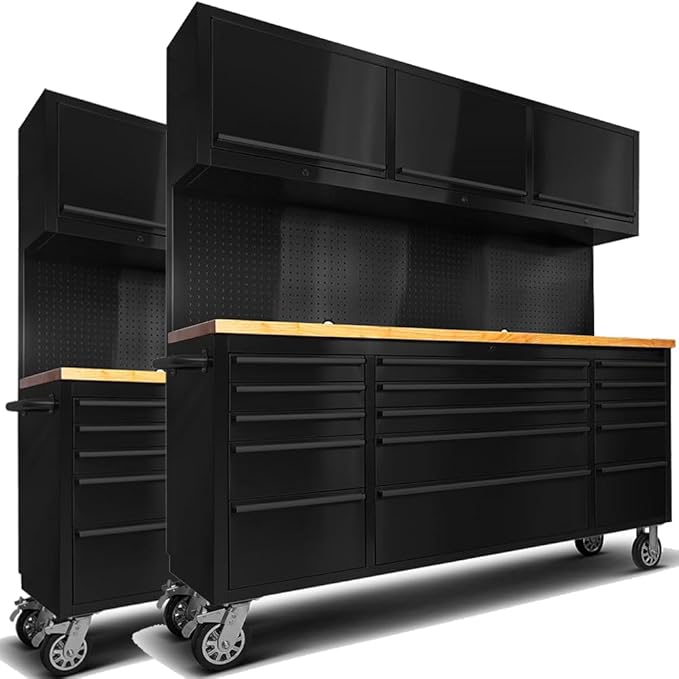 2 Pack - 72" Rolling Tool Chest with 15 Drawers + 3 Upper Cabinets, Matte Black Lockable Mobile Workbench, Assembled Large Tool Box with Wheels for Garage Workshop (2 × HTC7218PC)