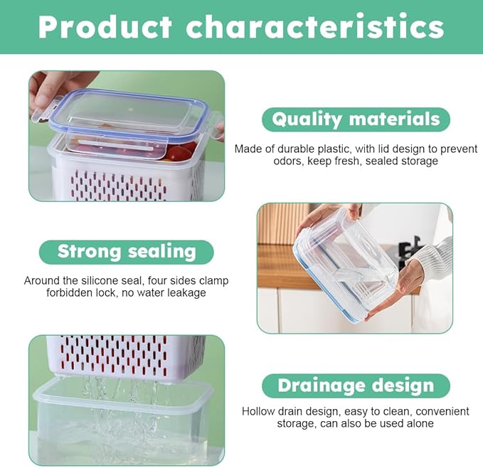 iayokocc 2 Pack Fruit Storage Containers for Fridge, Stackable Food Storage Containers with Removable Colander, Refrigerator Organizer with Drain Baskets Lids- Keeping Food Fresh Longer