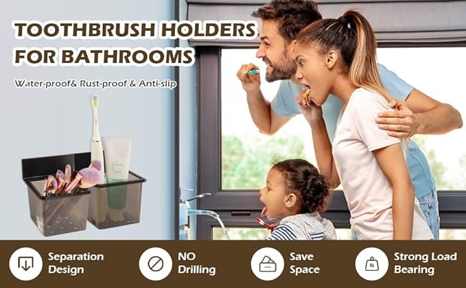 Toothbrush Holder Toothpaste Holder with Wall Mounted Metal Frame & Plastic Black Bathroom Organizer with Tape for Bathroom Toothbrush Toothpaste Floss Makeup Brush Razor - one Pack