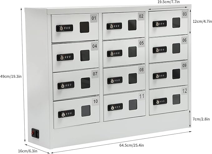 12 Slot Cellphone Charging Station, Locker Charging Station with Multiple Protection Function 3In1 Charging Ports and Plug-in Power Cord Combination Lock Mini Storage for Schools Airports Etc