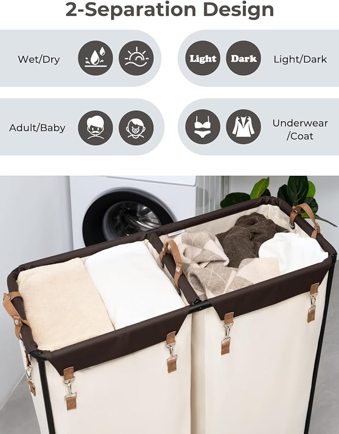 StorageWorks 390L Extra Large Lanudry Hamper with Wheels, Laundry Basket with Wheels 2 Sections, Clothes Sorter Cart with Divider for Hotel, Home, Beige, 1-Pack