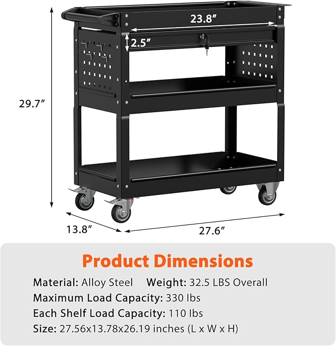 3 Tier Rolling Tool Cart with Drawers, Heavy Duty Utility Cart on Wheels, Large Storage Capability Service Cart for Garage, Warehouse and Repair Shop (Black)