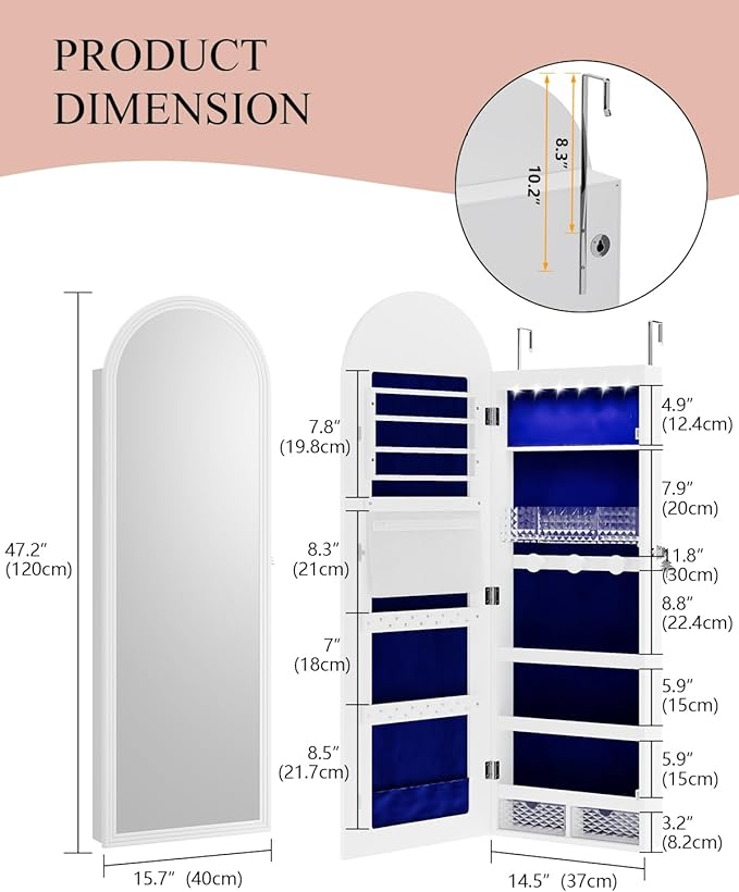 Jewelry Cabinet Organizer with Mirror, 47 inch Lockable Full-Length Mirror Jewelry Armoire Hanging Door/Wall Mounted with 6 LEDS, Arched Framed Mirror Cabinet with Storage, Gift for Women, White